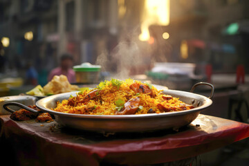 A tempting Indian meal featuring a bowl of delicious and traditional biryani, a flavorful dish made...