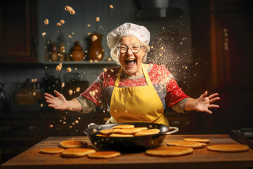 A contented grandma expertly making pancakes in her cozy kitchen, spreading joy through her delicious cooking.