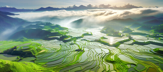 Traditional Asian rice fields, a harmonious blend of nature and human cultivation. - obrazy, fototapety, plakaty