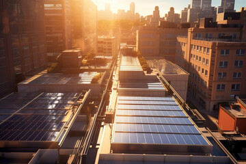 Solar panels generating clean energy glisten on city rooftops