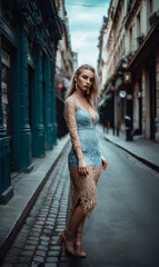A Woman in a Blue Dress Standing on a Street