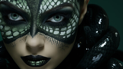 a person that is wearing green makeup, in the style of gothic reptil themed