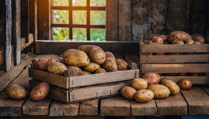 Organically produced and harvested vegetables and fruits from the farm. Potatoes in wooden crates and sacks. Stored and displayed in the warehouse