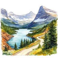 Watercolor illustration of Going to the Sun Road in Glacier National Park, isolated