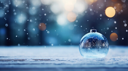 Transparent glass Christmas ball in snow. New Year decoration. Festive atmosphere. Copy Space.