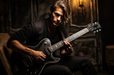 young man playing guitar with dark background