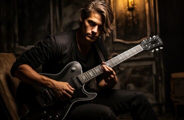 Obraz premium young man playing guitar with dark background