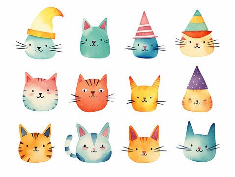 Watercolor set of festive cats with party caps icons on white background