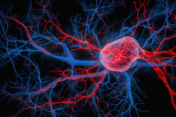 Illustration of neurons, blood vessels, tumor in red and blue colors.