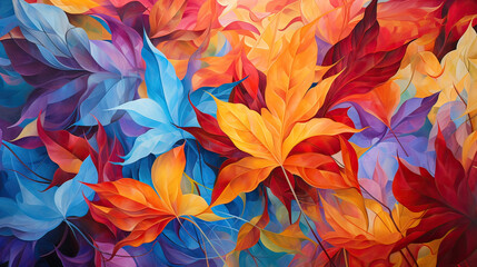 A vibrant explosion of abstract, colorful leaves in a dynamic autumn display Ai Generative