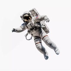 Fully clothed astronaut flying in zero gravity, on an isolated white background