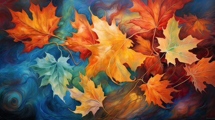 Naklejka na ściany i meble A vibrant explosion of abstract, colorful leaves in a dynamic autumn display Ai Generative