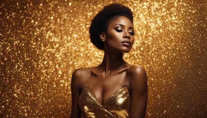 African American woman in gold on golden sparkling background,