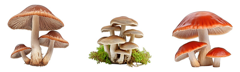 Collection of forest mushrooms on a white or transparent background generative ai