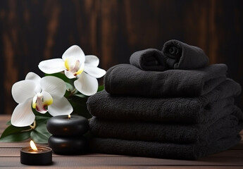 Fototapeta na wymiar Black towels on wooden table in spa