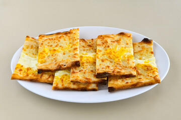 Kiymali pide.Turkish pide with minced meat. Turkish pizza mince pita Pide on white background. Etli ekmek. Kusbasi kasarli, kiymali kasarli, kiymali yumurtali,  tirnak Trabzon, Bafra, Kusbasili pide.