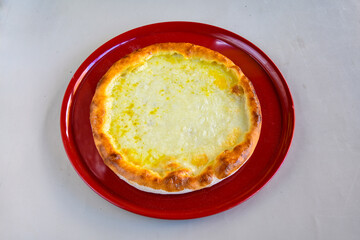 Kiymali pide. Turkish pide with minced meat. Turkish pizza mince pita Pide on white background. Etli ekmek. Kusbasi kasarli, kiymali kasarli, kiymali yumurtali, Trabzon, Kusbasili pide.