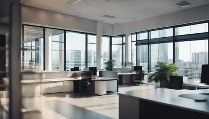 Fototapeta premium blurred Beautiful background of a light modern office interior with panoramic windows 
