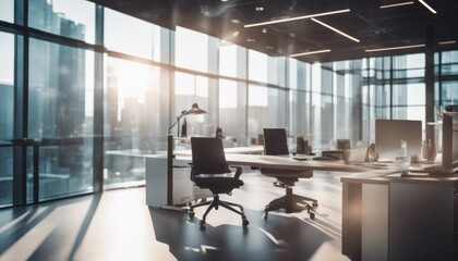 blurred Beautiful background of a light modern office interior with panoramic windows 