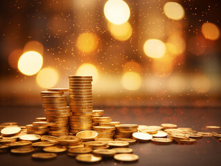 Stacking and pile of gold coins on the table with bokeh background. Gold and financing concept design and setting out. - obrazy, fototapety, plakaty