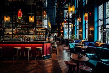 a trendy and inviting bar with a vibrant and lively ambiance. Generative AI