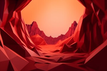 Abstract background with surreal landscape, hexagonal shape portal, and red rocky mountains. Fantastic wallpaper. Generative AI - obrazy, fototapety, plakaty