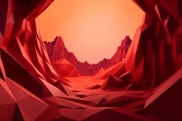 Peel and stick wallpaper Mountains Abstract background with surreal landscape, hexagonal shape portal, and red rocky mountains. Fantastic wallpaper. Generative AI