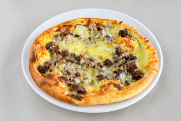 Kiymali pide.Turkish pide with minced meat. Turkish pizza mince pita Pide on white background. Etli ekmek. Kusbasi kasarli, kiymali kasarli, kiymali yumurtali,  tirnak Trabzon, Bafra, Kusbasili pide.