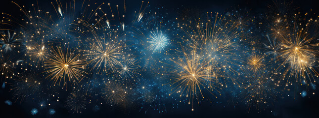 Festive Fireworks Frame on Dark Gold and Blue Background - obrazy, fototapety, plakaty