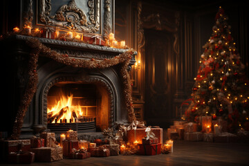 Elegant Christmas Living Room with Decorated Xmas Tree, Fireplace, and Pile of Wrapped Gifts, New Year Home Interior Background.