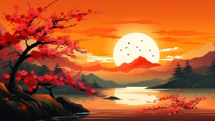 Photo sur Plexiglas Rouge Artistic Japanese Cherry Blossom Landscape