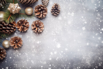 Fototapeta na wymiar Decorative Christmas and new year background image with pine cones and fir leaves on a snowy backdrop festive Christmas greeting card image