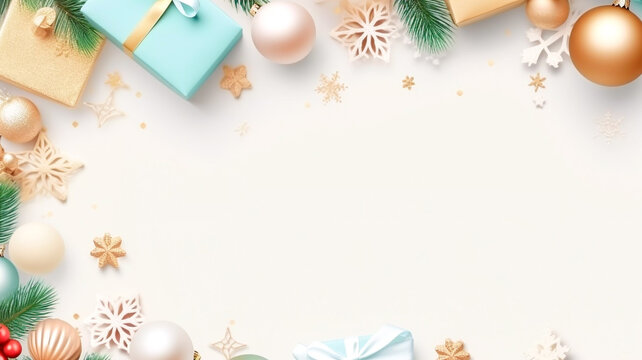 Festive Christmas decorated background illustration with gift boxes and baubles against a white background Christmas greeting card image desktop wallpaper