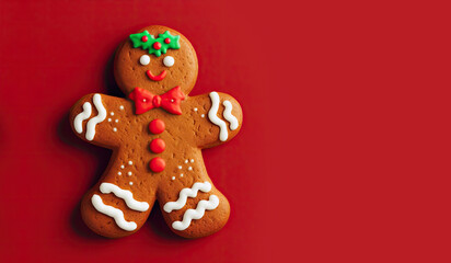 Fototapeta na wymiar Homemade gingerbread man cookie on a red background. Christmas and new year concept. Top view. Copy space for text, advertising, message, logo. ar 16:9
