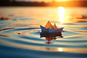 Tiny paper boat sailing on water. Generative AI - obrazy, fototapety, plakaty