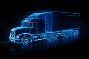 Speeding wireframe truck on dark blue backdrop. Generative AI