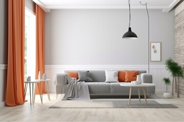 Empty white wall in fashionable living room with grey and orange design. Generative AI