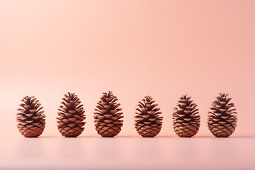 Conifer pine cones in a row on pink background with copy space