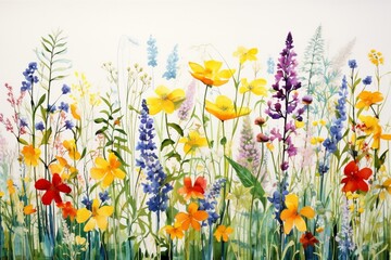 Colorful botanical artwork with blooming plants. Wide, isolated painting of a sunny meadow. Fits card, banner, or design needs. Generative AI