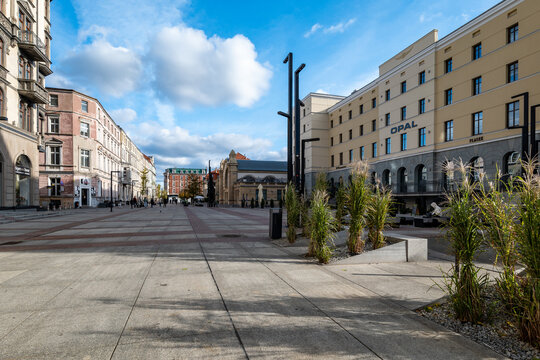 Katowice, Poland - November 04, 2023: View of historic tenement houses at Dworcowa Street in Katowice. Station area.
