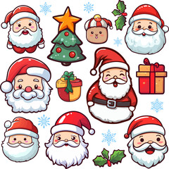 Christmas Santa Claus. Santa Claus faces. gift box. snow. christmas tree. santa hat