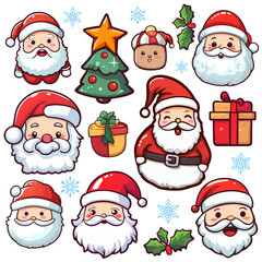 Christmas Santa Claus. Santa Claus faces. gift box. snow. christmas tree. santa hat