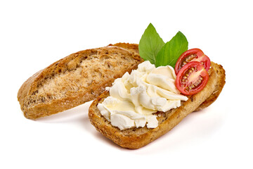 Sandwich with soft cottage cheese, isolated on white background.