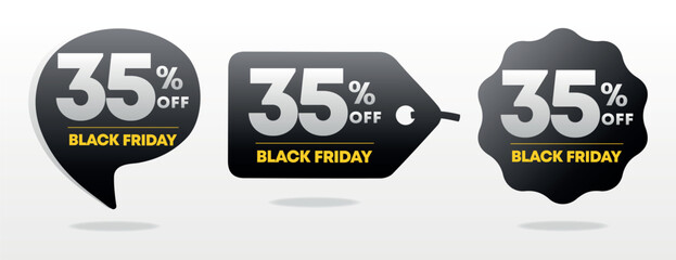 35% off. Special offer Black Friday sticker. Tag percent off price, value. Advertising for sales, promo, discount, shop. Campaign retail, store
