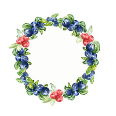 Watercolor frame of wild berries on a white background. Self made. Can be used in the design of napkins, cards, frames.