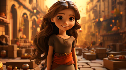 caricatura de niña latina de cabello castaño y ojos grandes en un pueblo pintoresco