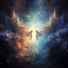 ángeles en el universo transcendiendo y disfrutando la luz divina vida después de la muerte  - obrazy, fototapety, plakaty