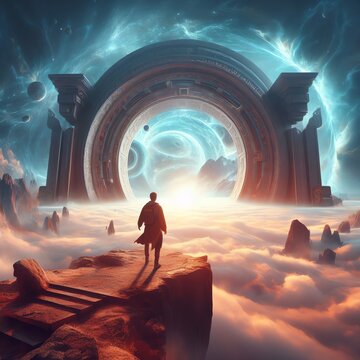 Surreal landscape of a man standing in front of a portal to another dimension
