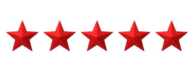 Five red stars with a 3D effect on a transparent background – Design of five stars that can represent a rating, ranking or classification - obrazy, fototapety, plakaty