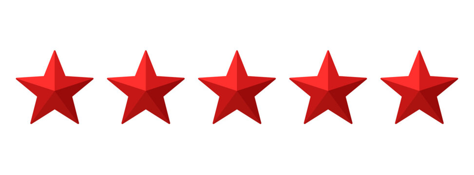 Five red stars with a 3D effect on a transparent background – Design of five stars that can represent a rating, ranking or classification